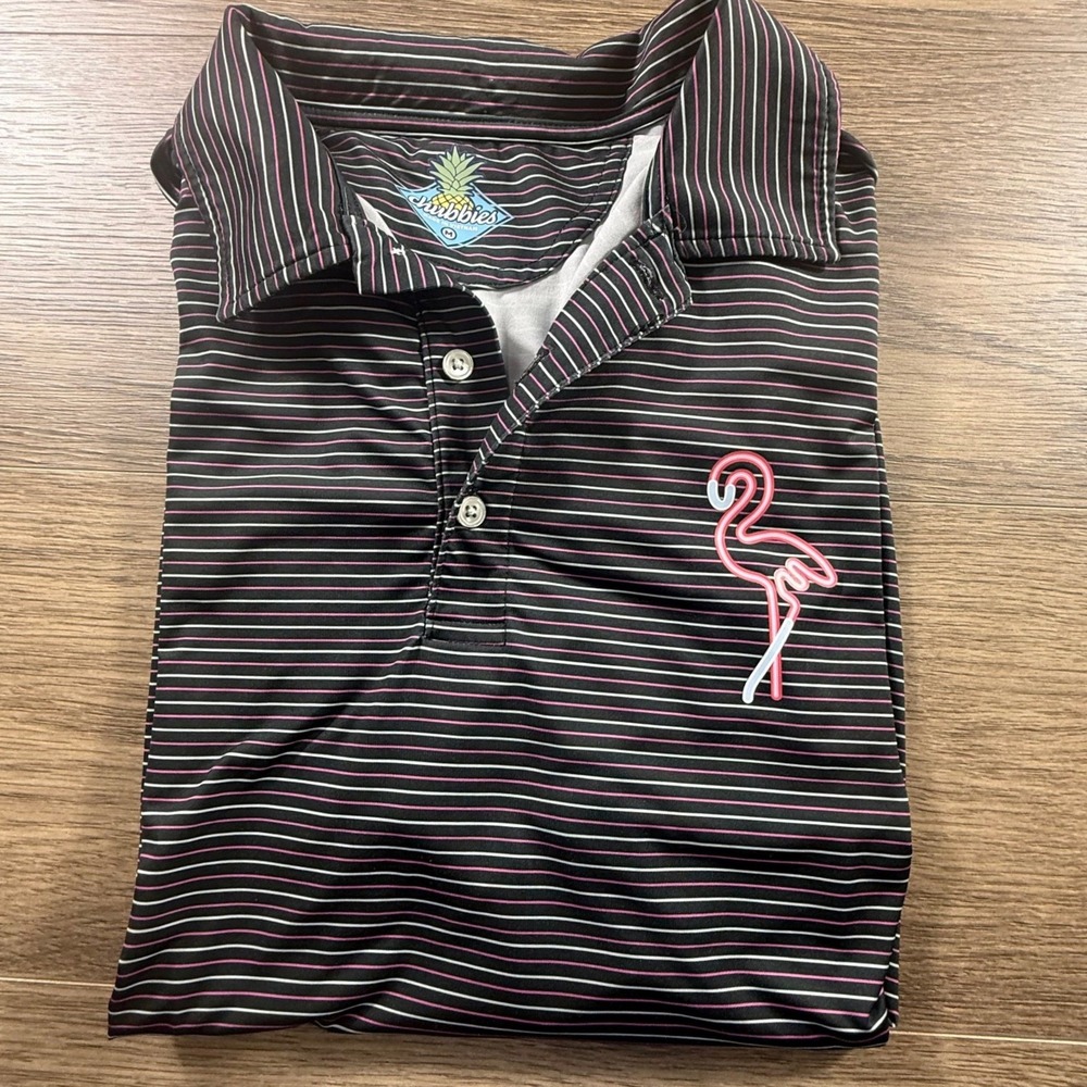 Chubbies Men's Black Striped Golf Polo Shirt Flamingo Short Sleeve M Neon